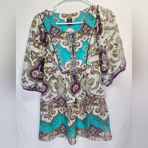 Nicole Miller Aqua Patterned Beaded Blouse